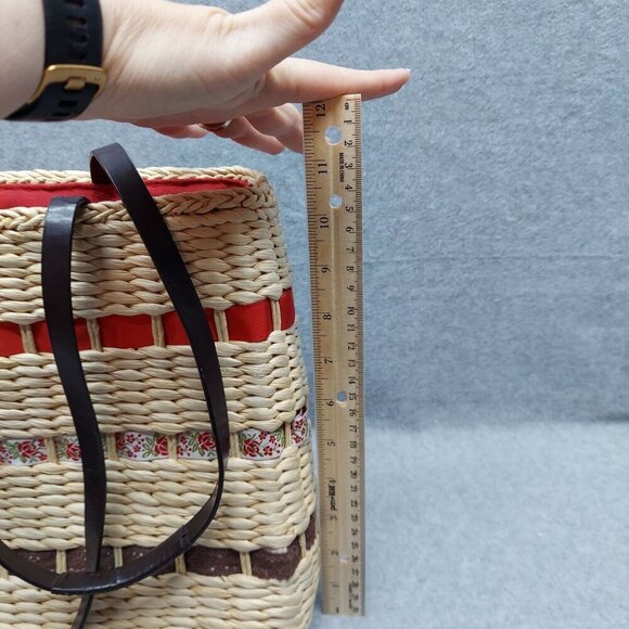 Woven Straw Tote Bag With Floral Accents & Red Lining - Picture 13 of 14